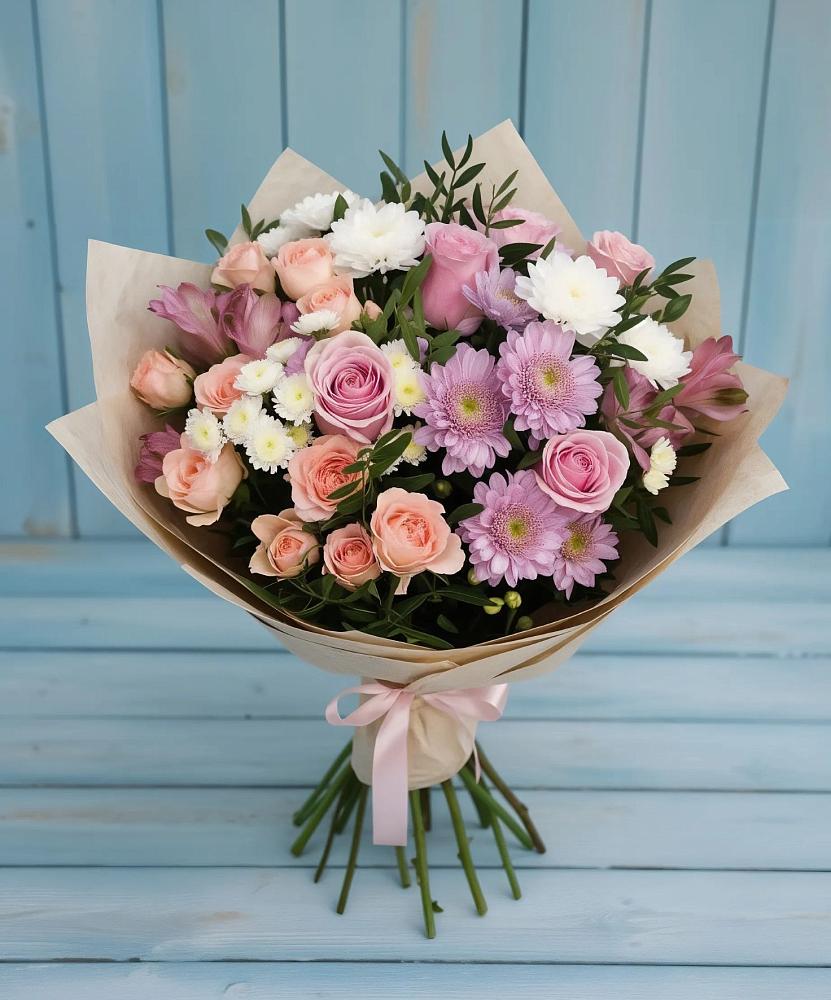 Букет цветов из: Хризантемы, Розы и Альстромерии в Шведино