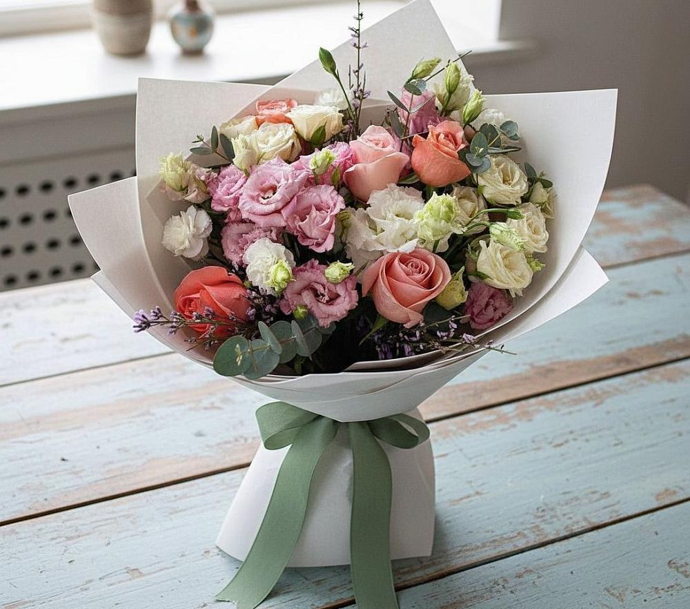 Букет цветов из: Розы, Лизиантусы и Гвоздики в Шведино