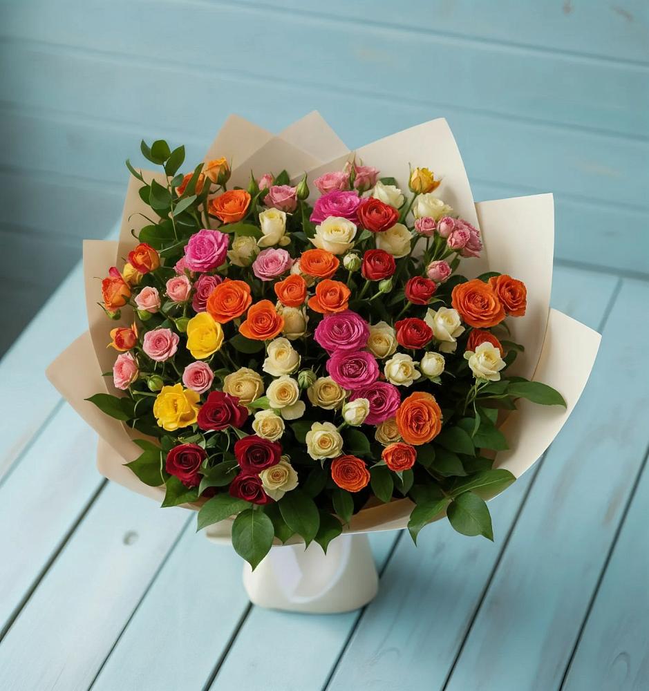 Букет Микс из разноцветных кустовых роз в Шведино