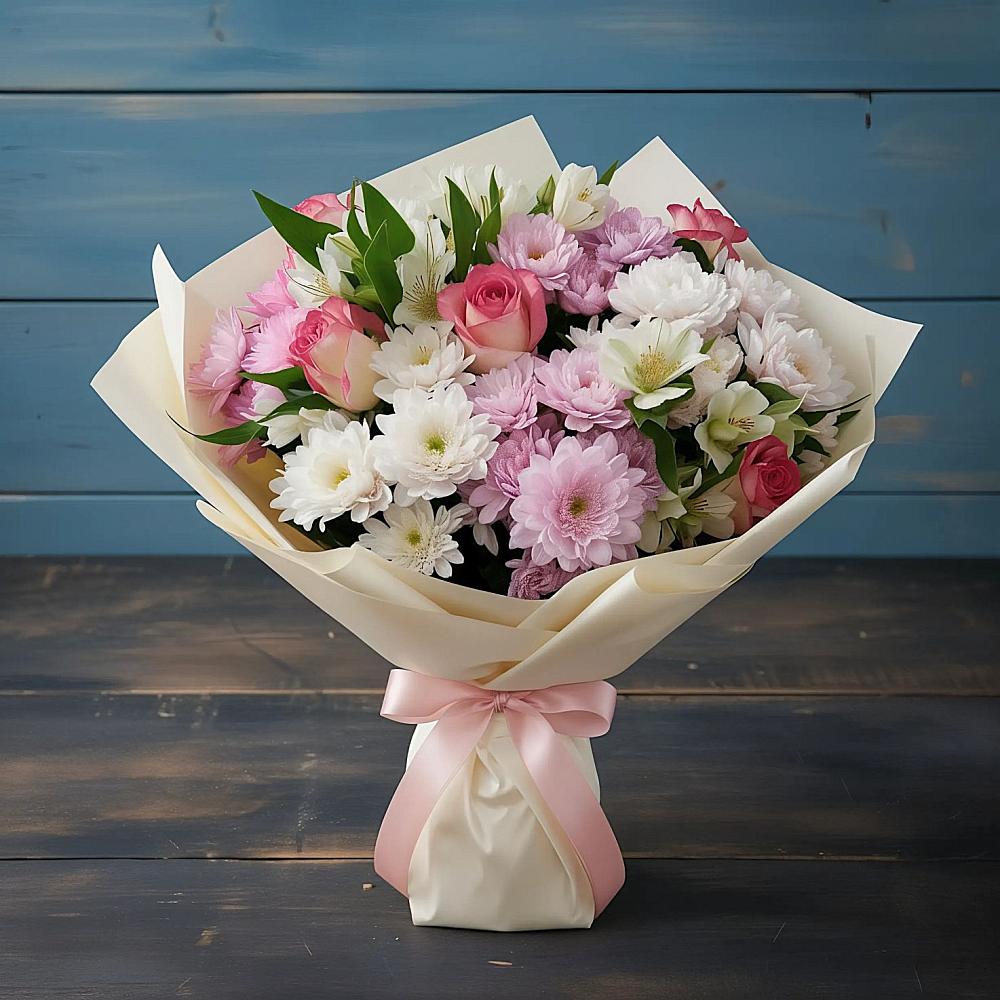 Букет цветов из: Хризантемы, Альстромерии и Розы в Шведино